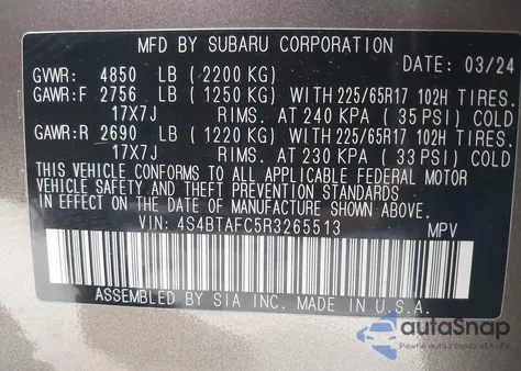 2024 Subaru Outback Premium from USA, damaged, VIN 4S4BTAFC5R3265513